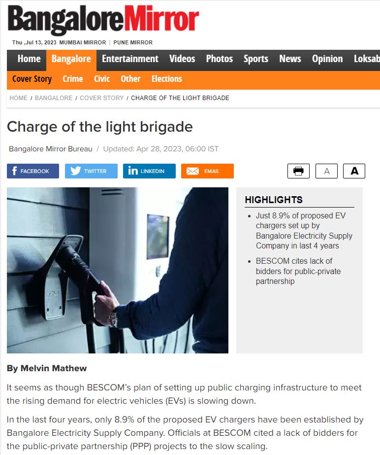 Saad Khan quoted by Bangalore Mirror on electric vehicle chargers